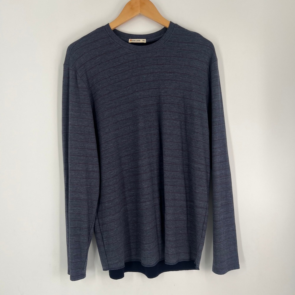 Marine Layer Mens Navy Blue Maroon Striped Long Sleeve Crewneck Tee Shirt M/L